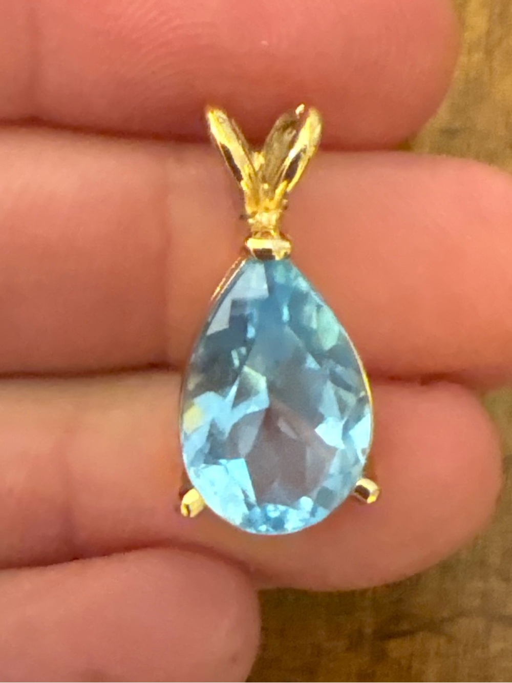Gold Tone Blue Sapphire Teardrop Pendant Pear Cut Statement Necklace Charm - Picture 3 of 14